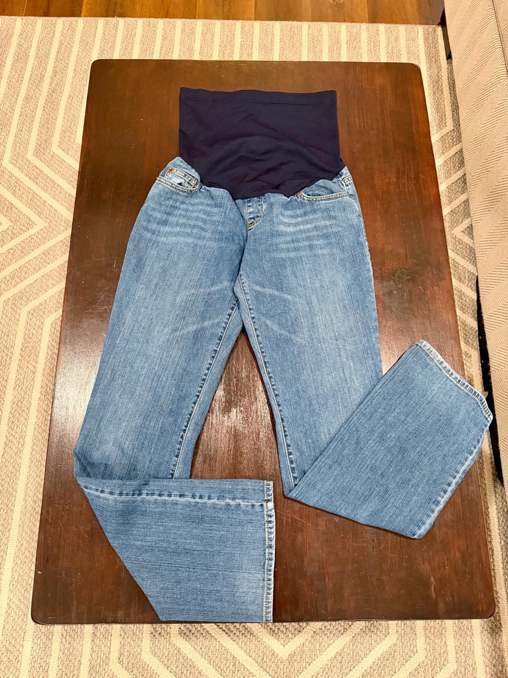 Liz Lange Blue Denim Boot Cut Jeans with Black Belly Panel